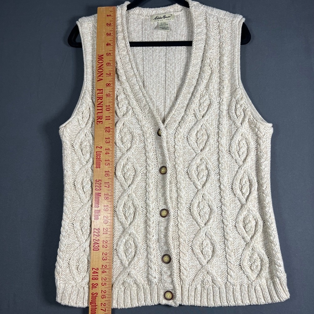 Eddie Bauer Cable Knit Sweater Vest Large Cream Cotton Button Front Grandpa Core - Picture 5 of 7